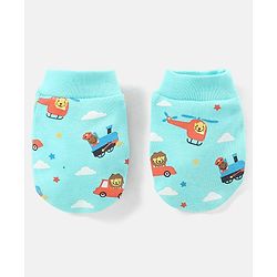 Babyhug 100% Cotton Vehicle Printed Cap Mittens & Booties- Cap Diameter 10.5 cm