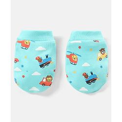 Babyhug 100% Cotton Vehicle Printed Cap Mittens & Booties- Cap Diameter 10.5 cm