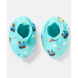 Babyhug 100% Cotton Vehicle Printed Cap Mittens & Booties- Cap Diameter 10.5 cm
