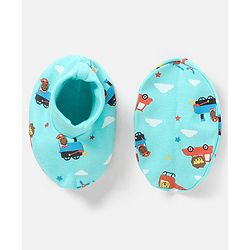 Babyhug 100% Cotton Vehicle Printed Cap Mittens & Booties- Cap Diameter 10.5 cm