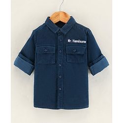 Babyhug Full Sleeves Cotton Corduroy Shirt Text Embroidered-Blue