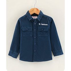 Babyhug Full Sleeves Cotton Corduroy Shirt Text Embroidered-Blue