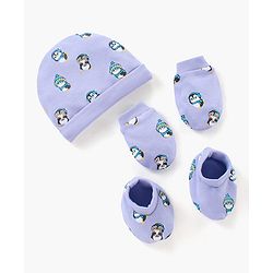 Babyhug 100% Cotton Cap Mittens & Booties Set Penguin Print Purple - Diameter 11 cm