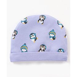 Babyhug 100% Cotton Cap Mittens & Booties Set Penguin Print Purple - Diameter 11 cm