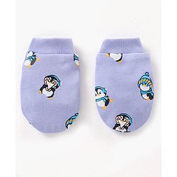 Babyhug 100% Cotton Cap Mittens & Booties Set Penguin Print Purple - Diameter 11 cm