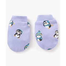 Babyhug 100% Cotton Cap Mittens & Booties Set Penguin Print Purple - Diameter 11 cm