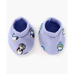 Babyhug 100% Cotton Cap Mittens & Booties Set Penguin Print Purple - Diameter 11 cm