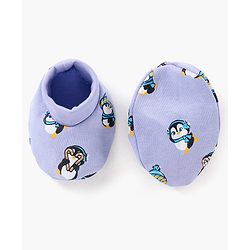 Babyhug 100% Cotton Cap Mittens & Booties Set Penguin Print Purple - Diameter 11 cm