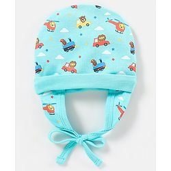Babyhug 100% Cotton Vehicle Print Tie Knot Cap Blue - Diameter 10 Cm