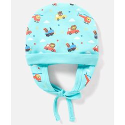 Babyhug 100% Cotton Vehicle Print Tie Knot Cap Blue - Diameter 10 Cm