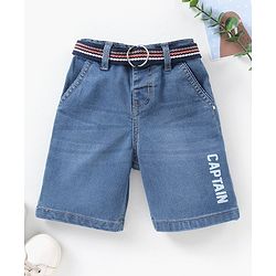Babyhug Cotton Above Knee Length Washed Denim Bermuda with Belt Text Print - Blue