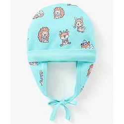 Babyhug 100% Cotton Cap with Knot Rendeer Print Blue - Diameter 16 cm