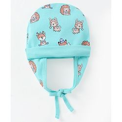 Babyhug 100% Cotton Cap with Knot Rendeer Print Blue - Diameter 16 cm