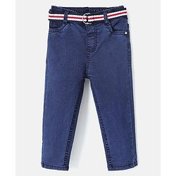 Babyhug Cotton Stretchable Full Length Washed Jeans With Belt  Fly With Zipper -  Dark Blue