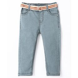 Babyhug Cotton Stretchable Full Length Washed Jeans With Belt   Fly With Zipper -  Light Blue