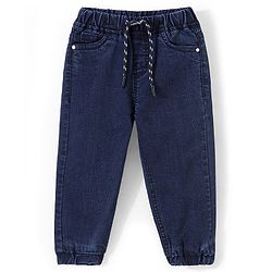 Babyhug Denim Full Length Solid Colour Joggers With Stretch - Dark Blue