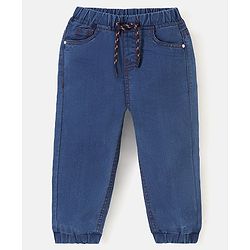 Babyhug Denim Full Length Joggers Solid Colour - Medium Blue