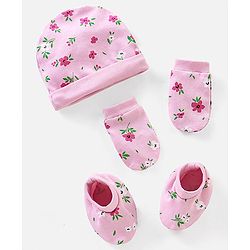 Babyhug 100% Cotton Cap Mittens & Booties Set Floral Print - Diameter 11.5 cm