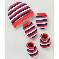 Babyhug 100% Cotton Cap Mittens & Booties Striped Red -  Diameter 12 cm