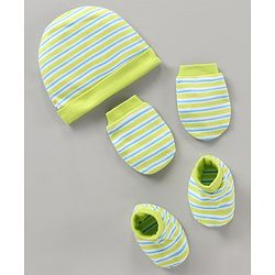 Babyhug 100% Cotton Cap Mittens & Booties Striped Green - Cap Diameter 10.5 cm