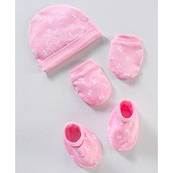 Babyhug 100% Cotton Cap Mittens And Booties Bow Print Pink - Diameter 11 cm