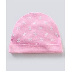 Babyhug 100% Cotton Cap Mittens And Booties Bow Print Pink - Diameter 11 cm