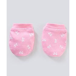 Babyhug 100% Cotton Cap Mittens And Booties Bow Print Pink - Diameter 11 cm