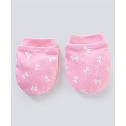 Babyhug 100% Cotton Cap Mittens And Booties Bow Print Pink - Diameter 11 cm