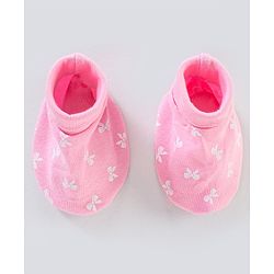 Babyhug 100% Cotton Cap Mittens And Booties Bow Print Pink - Diameter 11 cm