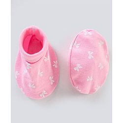 Babyhug 100% Cotton Cap Mittens And Booties Bow Print Pink - Diameter 11 cm