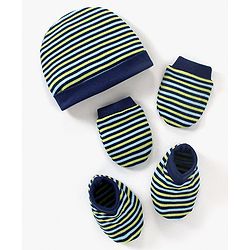 Babyhug 100% Cotton Cap Mittens & Booties Set Striped Navy Blue - Diameter 9.5 cm