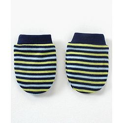 Babyhug 100% Cotton Cap Mittens & Booties Set Striped Navy Blue - Diameter 9.5 cm
