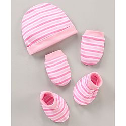 Babyhug 100% Cotton Cap Mittens & Booties Striped Pink - Diameter 15.5 cm