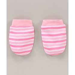 Babyhug 100% Cotton Cap Mittens & Booties Striped Pink - Diameter 15.5 cm
