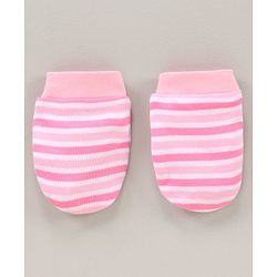 Babyhug 100% Cotton Cap Mittens & Booties Striped Pink - Diameter 15.5 cm