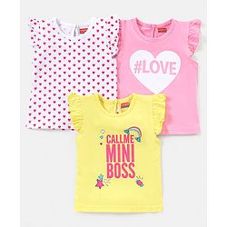 Babyhug 100% Cotton Knit Half Sleeves Love Print & Frill Detailing T-Shirt Pack Of 3 - Pink & Yellow