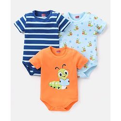 Babyhug 100% Cotton Half Sleeves Onesies Caterpillar and Stripes Print Pack of 3 - Blue & Orange