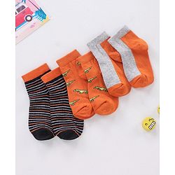 Cute Walk by Babyhug Non Terry Cotton Knit Ankle Length Anti Bacterial Socks Stripes & Dino Design Pack of 3 - Orange & Black