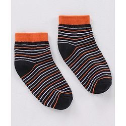 Cute Walk by Babyhug Non Terry Cotton Knit Ankle Length Anti Bacterial Socks Stripes & Dino Design Pack of 3 - Orange & Black