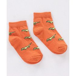 Cute Walk by Babyhug Non Terry Cotton Knit Ankle Length Anti Bacterial Socks Stripes & Dino Design Pack of 3 - Orange & Black
