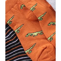 Cute Walk by Babyhug Non Terry Cotton Knit Ankle Length Anti Bacterial Socks Stripes & Dino Design Pack of 3 - Orange & Black
