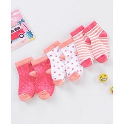 Cute Walk by Babyhug Non Terry Cotton Knit Ankle Length Anti Bacterial Socks Stripes & Dots Design Pack of 3 - Pink & White