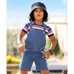 Babyhug Denim  Dungaree With Half Sleeves T-Shirt Striped  - Blue