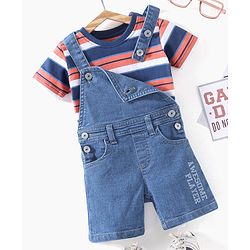 Babyhug Denim  Dungaree With Half Sleeves T-Shirt Striped  - Blue