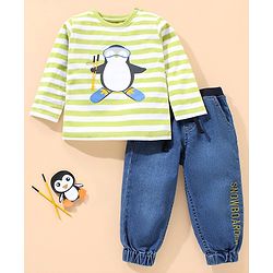 Babyhug Terry  Full Sleeve T-Shirt and Denim Full Length Bottomwear With Penguin & Stripes Print - Blue Green