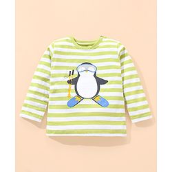 Babyhug Terry  Full Sleeve T-Shirt and Denim Full Length Bottomwear With Penguin & Stripes Print - Blue Green