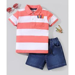 Babyhug Half Sleeves T-Shirt and Denim Shorts Stripes Pattern - Red Blue
