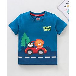 Babyhug Cotton  Half Sleeves T-Shirt Driving Lion Print - Blue