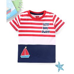 Babyhug Cotton Cut & Sew Half Sleeves T-Shirt With Stripes & Boat Print - Red & Navy