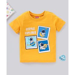 Babyhug Cotton Half Sleeves T-Shirt With Astronaut Embroidery- Yellow